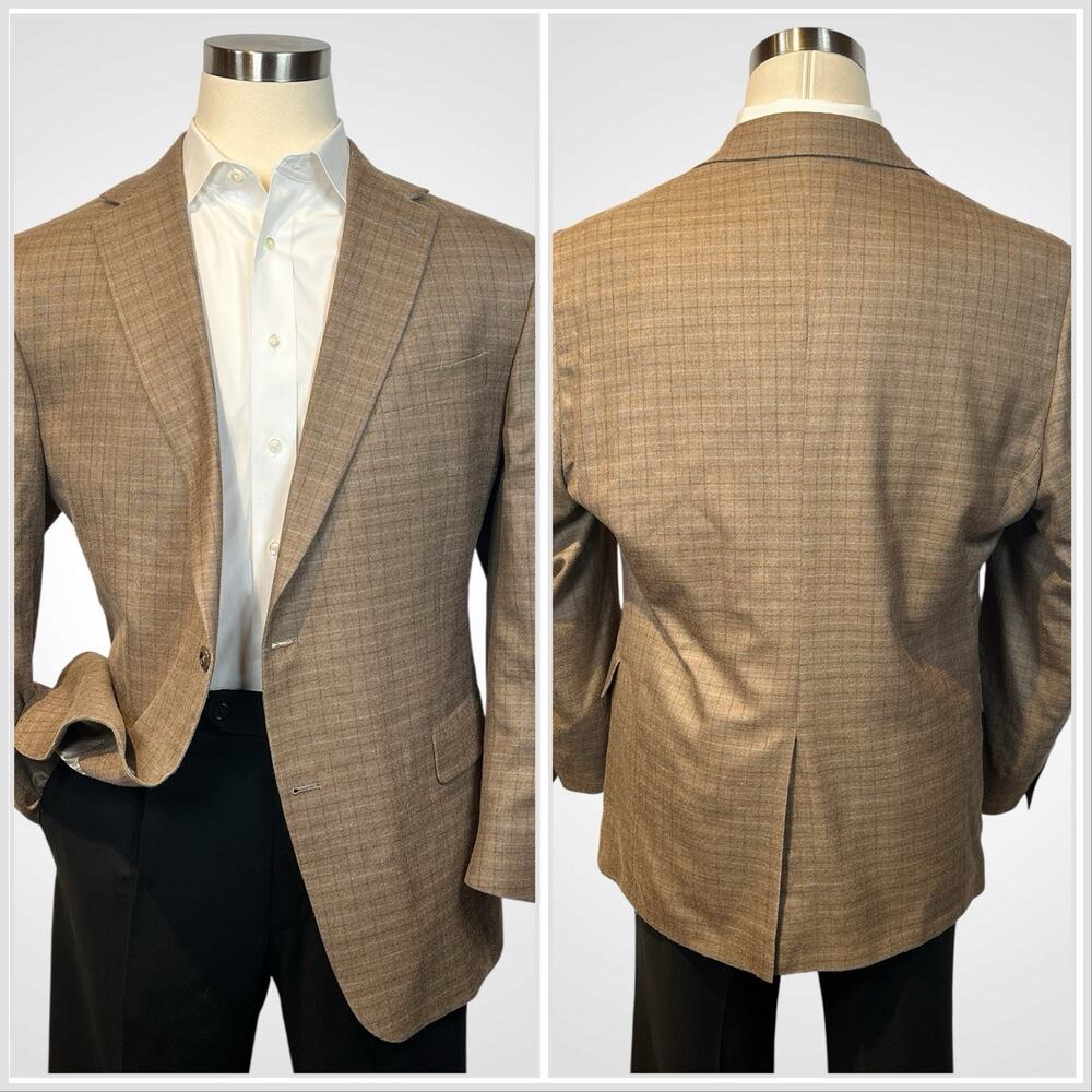Hart Schaffner Marx 46R Heatherd Brown Ice Blue Plaid Sport Coat - Picture 2 of 15
